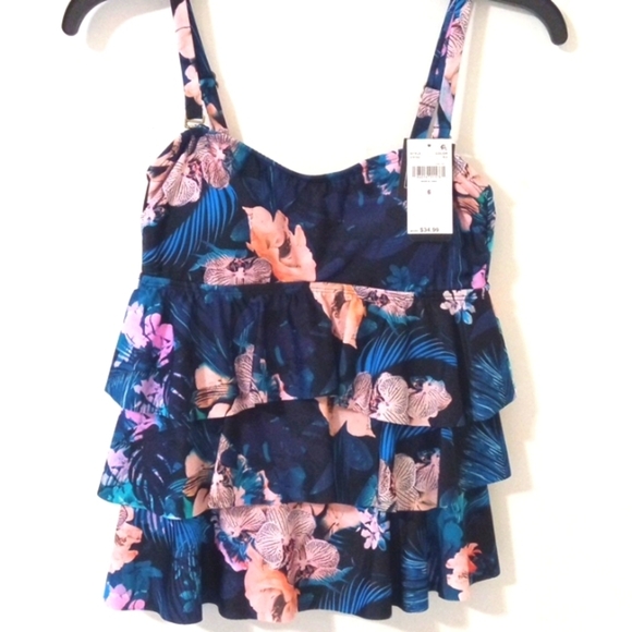 ISLAND ESCAPE MACYS BLACK FLORAL TIERED REMOVABLE STRAPS TANKINI TOP SIZE 6 NWT - Picture 3 of 7